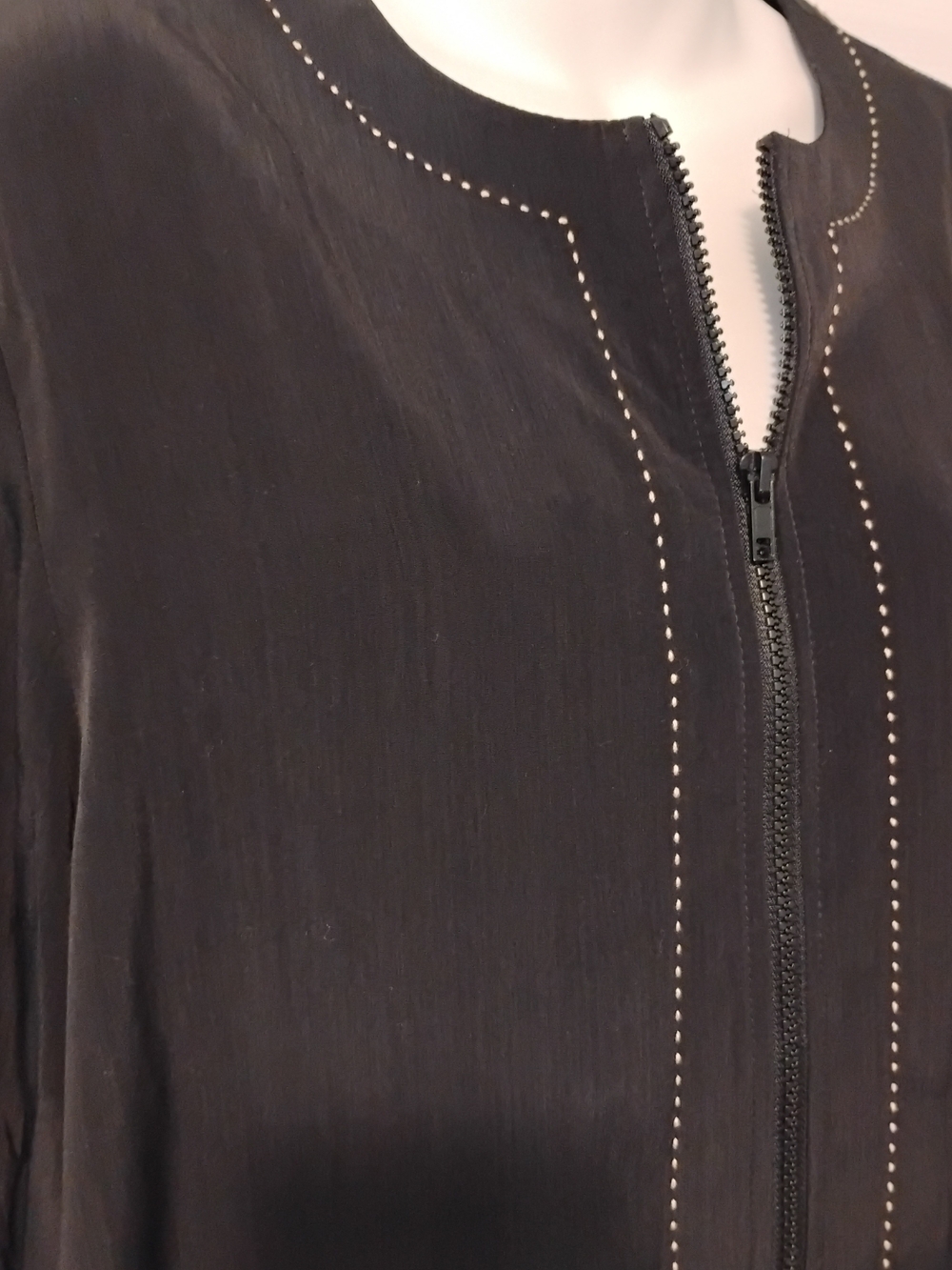 Susan Graver Black Zip-Front Blouse with Contrast Stitching